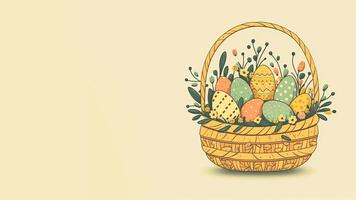 doddle estilo Páscoa ovos dentro floral cesta contra pastel amarelo fundo e cópia de espaço. feliz Páscoa dia conceito. foto