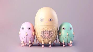 3d render do ovo forma robôs personagens contra roxa fundo e cópia de espaço. Páscoa dia conceito. foto