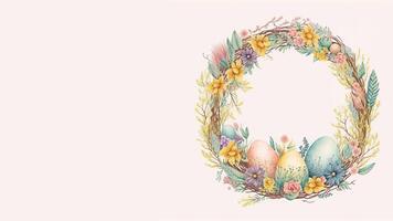 plano estilo colorida ovos em floral circular quadro, Armação com contra pastel Rosa fundo e cópia de espaço. feliz Páscoa dia conceito. foto