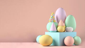 3d render do suave cor ovos com gométrico formas o pódio e cópia de espaço. feliz Páscoa dia conceito. foto