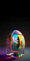 3d render do colorida zhostovo ovo forma casa em artigos de vidro pódio contra Castanho e cerceta fundo e cópia de espaço. Páscoa dia conceito. foto