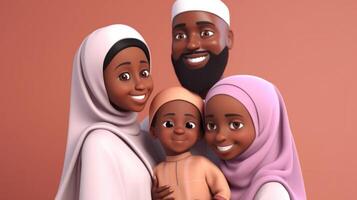 adorável Disney estilo avatar do risonho africano muçulmano família dentro abraçando pose junto. eid Mubarak conceito, generativo ai. foto