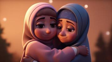 adorável desenho animado avatar do muçulmano meninas abraçando e desejando cada outro, eid Mubarak conceito, generative-ai digital ilustração. foto
