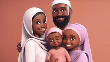 adorável Disney estilo avatar do risonho africano muçulmano família dentro abraçando pose junto. eid Mubarak conceito, generativo ai. foto