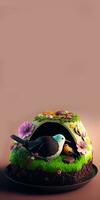 3d render do fofa pássaros personagem contra ovo forma flor panorama em pastel Rosa fundo e cópia de espaço. Páscoa conceito. foto