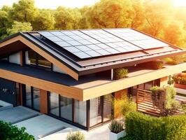 moderno casa com solar painéis em a teto. pôr do sol idílico atmosfera. ai gerado foto