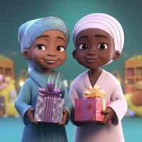 Disney estilo, adorável africano muçulmano crianças personagens segurando presente caixas. eid Mubarak conceito, generativo ai. foto