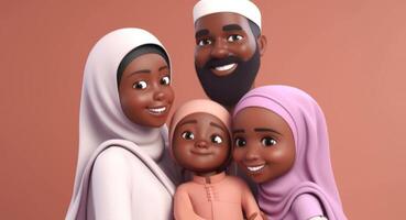 Disney estilo, adorável muçulmano família personagem dentro abraçando pose junto. eid ou Ramadã Mubarak conceito, generativo ai. foto