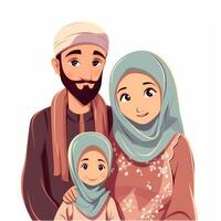 adorável desenho animado avatar do risonho muçulmano família junto, eid Mubarak conceito. generativo ai foto