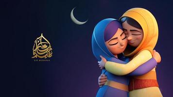 eid Mubarak bandeira Projeto com adorável meninas personagem abraçando às a crescente lua noite. generativo ai. foto
