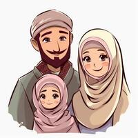 adorável desenho animado avatar do risonho muçulmano família junto, eid Mubarak conceito. generativo ai foto