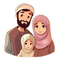 adorável desenho animado avatar do risonho muçulmano família junto, eid Mubarak conceito. generativo ai foto