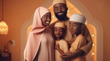 3d render do adorável muçulmano família personagem abraçando e desejando cada outro. eid ou Ramadã Mubarak conceito, generativo ai. foto