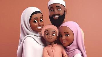 adorável desenho animado avatar do risonho africano muçulmano família dentro abraçando pose junto. eid Mubarak conceito, generativo ai. foto