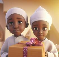 adorável Disney estilo avatar do tradicional vestuário africano crianças segurando presente caixas. eid ou Ramadã Mubarak conceito, generativo ai. foto