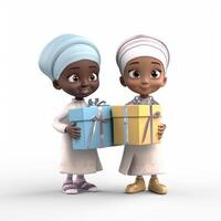 adorável Disney estilo avatar do tradicional vestuário africano crianças segurando presente caixas. eid ou Ramadã Mubarak conceito, generativo ai. foto