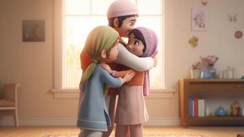 Disney estilo, adorável muçulmano família personagem abraçando e desejando cada outro. eid ou Ramadã Mubarak conceito, generativo ai. foto