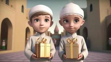 adorável Disney estilo avatar do muçulmano Rapazes personagens segurando presente caixas e mesquita fundo. eid ou Ramadã Mubarak conceito, generativo ai. foto