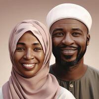 realista retrato do meio era muçulmano africano casal vestindo tradicional traje, generativo ai. foto