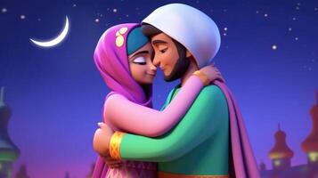 adorável desenho animado avatar do abraçando muçulmano casal cada de outros dentro crescente noite. eid Mubarak conceito, generativo ai. foto