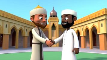 adorável desenho animado avatar do alegre muçulmano homens tremendo mãos dentro mesquita interior, eid Mubarak conceito, generativo ai. foto