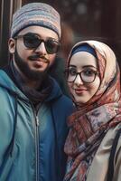 realista retrato do risonho jovem muçulmano casal vestindo óculos, real imagem, generativo ai. foto