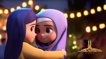 adorável Disney estilo avatar do muçulmano meninas abraçando e desejando cada de outros para eid Mubarak conceito, generativo ai. foto