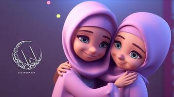 adorável Disney estilo avatar do muçulmano meninas abraçando e desejando cada de outros para eid Mubarak conceito, generativo ai. foto