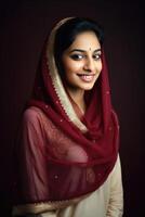 lindo indiano muçulmano jovem menina vestindo lenços de cabeça em Sombrio fundo, generativo ai. foto