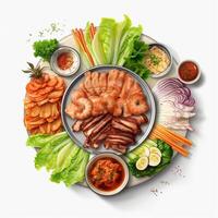 Samgyeopsal coreano Comida com alface, perilla folhas, fatiado cebolas e cru alho Kimchi. ai gerado foto
