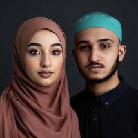 realista retrato do jovem muçulmano Inglês casal junto, real imagem, generativo ai. foto