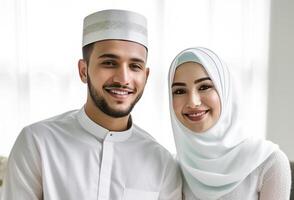 realista retrato do feliz muçulmano casal vestindo tradicional vestuário durante eid celebração, generativo ai. foto