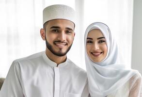 realista retrato do feliz muçulmano casal vestindo tradicional vestuário durante eid celebração, generativo ai. foto