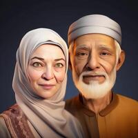 realista retrato do velho muçulmano Loiras casal vestindo tradicional traje, generativo ai. foto