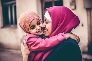 fechar-se retrato do muçulmano mulher abraçando dela filha dentro hijab, eid celebração, generativo ai. foto