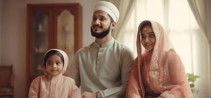 realista retrato do muçulmano família vestindo tradicional vestuário durante eid celebração, generativo ai. foto