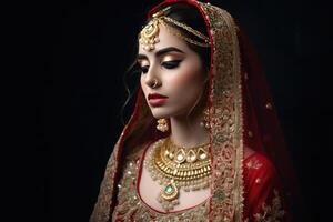 retrato do lindo indiano noiva vestindo tradicional vermelho Lehenga com pesado ouro joalheria durante a casamento cerimônia, generativo ai. foto