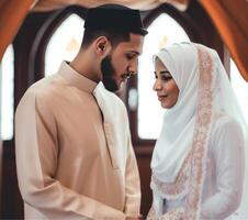 realista retrato do jovem muçulmano casal voltado para cada outro, eid Mubarak conceito, generativo ai. foto