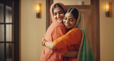 dois muçulmano mulheres vestindo tradicional Lehenga e chunni dentro abraçando pose durante eid celebração. generativo ai foto