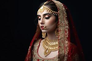 retrato do lindo indiano noiva vestindo tradicional vermelho Lehenga com pesado ouro joalheria durante a casamento cerimônia, generativo ai. foto