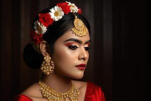 fechar-se retrato do lindo indiano mulher vestindo floral arco de cabelo e ouro joalheria em Sombrio fundo, generativo ai. foto