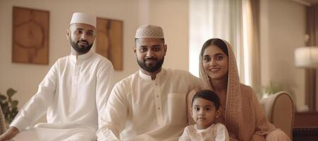 realista fechar-se retrato do muçulmano família vestindo tradicional vestuário durante eid celebração, generativo ai. foto