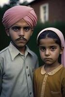 realista retrato do indiano agricultor Garoto e menina em borrado fundo. generativo ai ilustração. foto