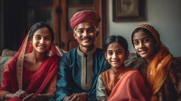 indiano família personagem vestindo tradicional vestuário dentro sentado pose, generativo ai. foto
