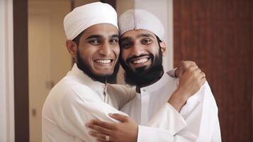 realista retrato do feliz dois muçulmano homens vestindo crânio boné e tradicional Kurta dentro abraçando pose às sala. generativo ai ilustração. foto