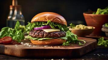 delicioso construir carne sanduíche com cheddar, alface em de madeira mesa topo. generativo ai. foto