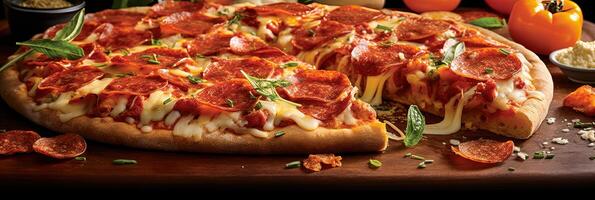 fechar acima uma fatia do calabresa pizza com derretido queijo e tomate em de madeira mesa. generativo ai foto