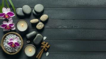 spa composição do velas, orquídeas e pedras em cinzento de madeira fundo. 3d Renderização. foto