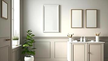 renovado banheiro com uma vaidade gabinete, interior plantas, e e em branco foto quadros contra branco paredes. natural luz chegando através janelas. generativo ai.