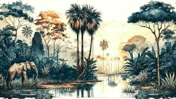 aguarela estilo papel de parede panorama em a africano tropical selva com árvores Próximo para uma rio elefantes e pássaros. ai-generativo, digital ilustração. foto